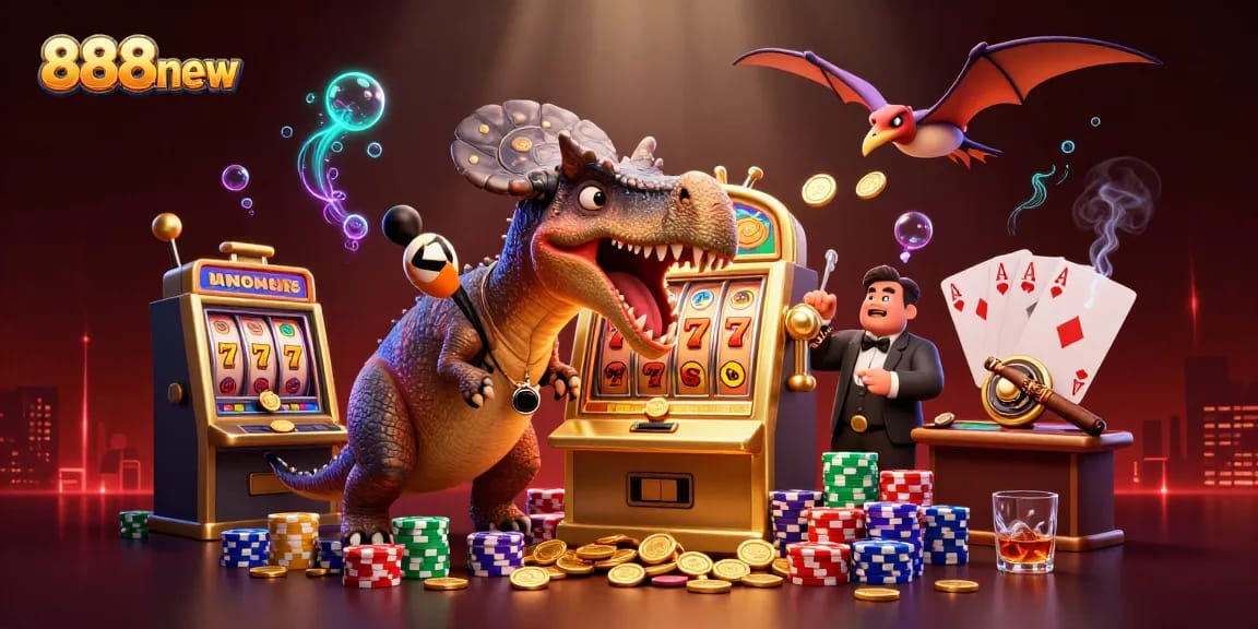Experience jackpot excitement at 888new with a pachycephalosaurus winning coins from a slot machine.