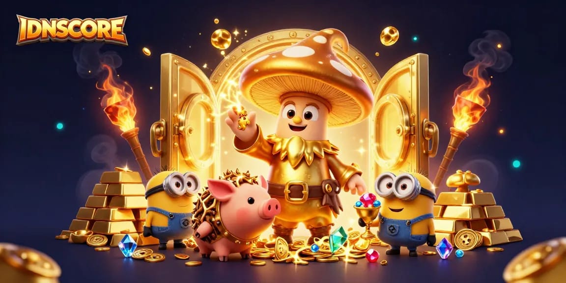 Experience the magic of IDNSCORE with a golden mushroom wizard and treasure-filled scene.