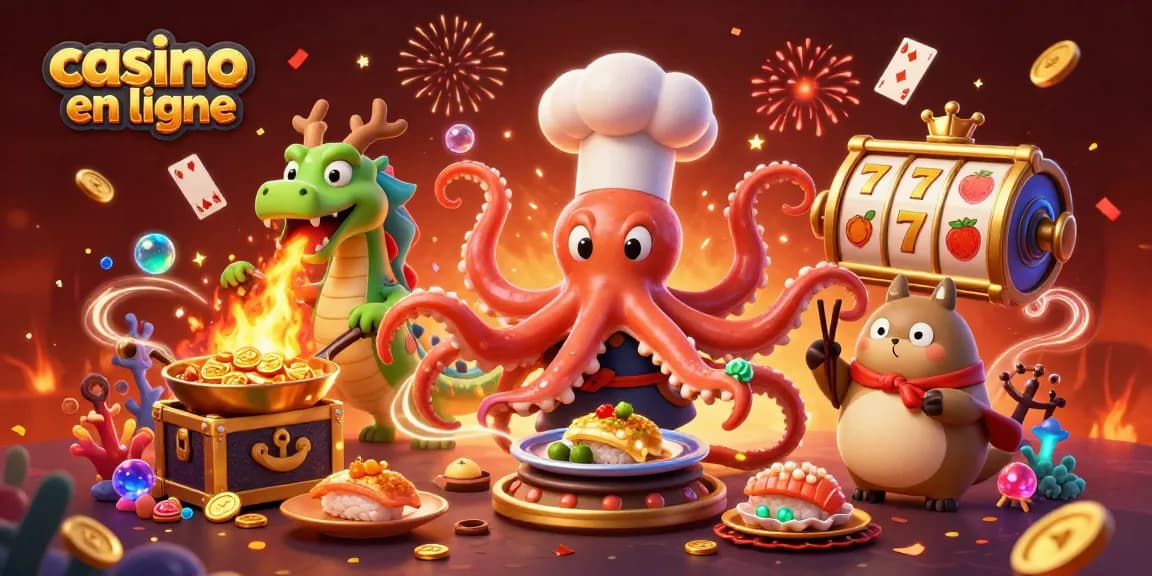 Visitez un casino en ligne animé avec un chef pieuvre, dragon et client, jouez aux machines à sous.