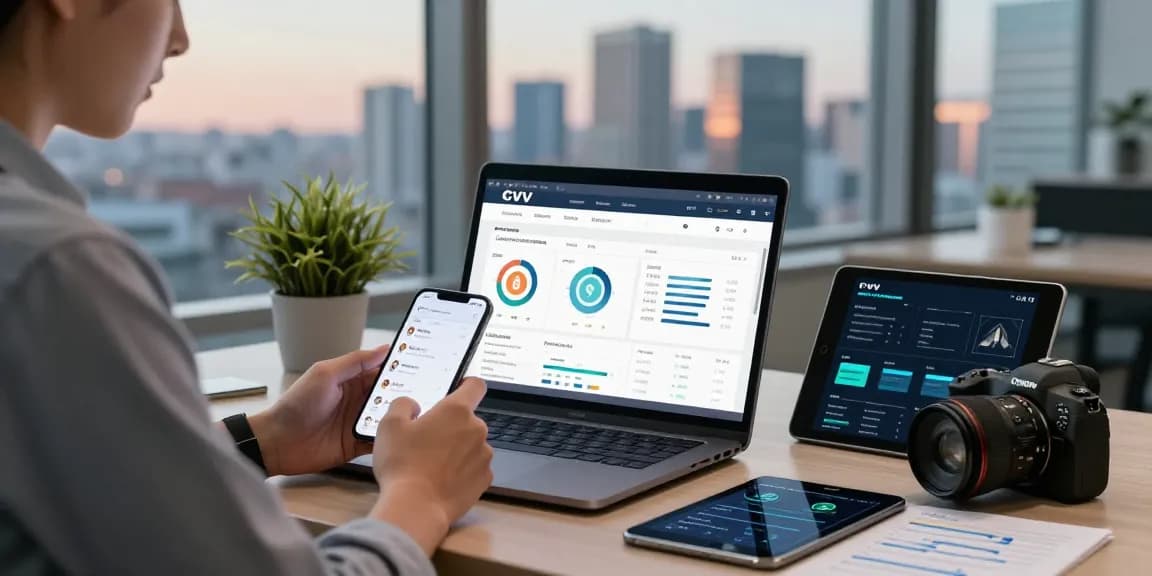 Trusted cvv shop showcasing an online marketplace with analytics and digital wallets in a modern office.