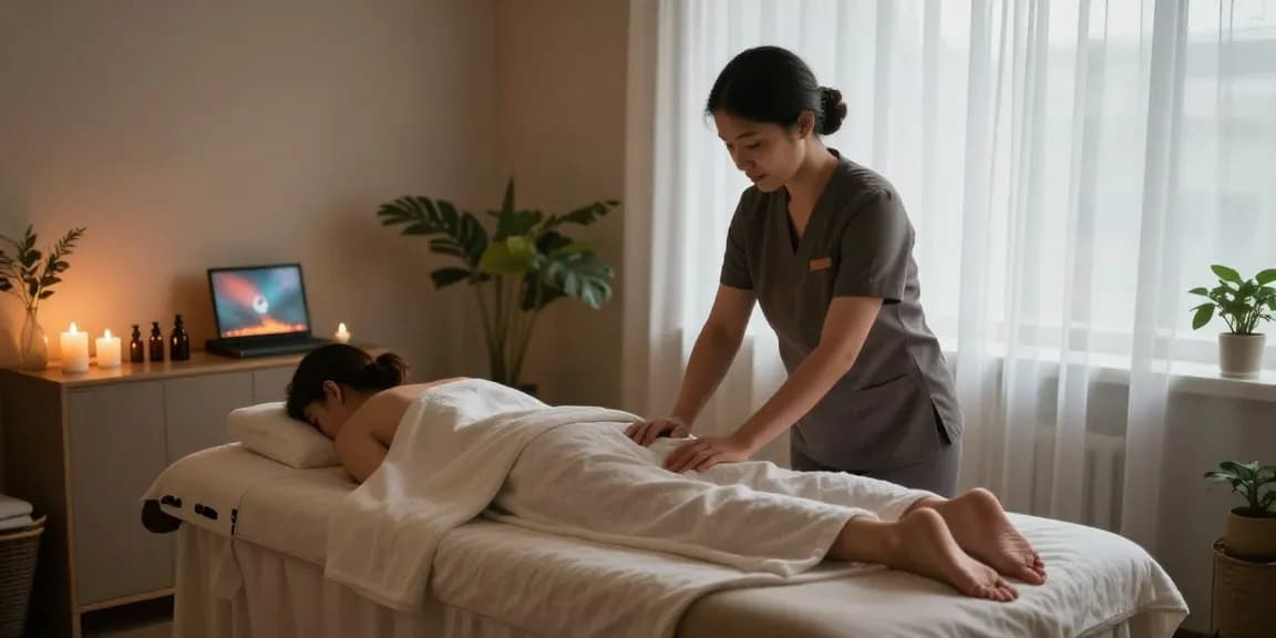 1인샵 마사지 공간에서 편안한 분위기 속에서 마사지 준비하는 모습