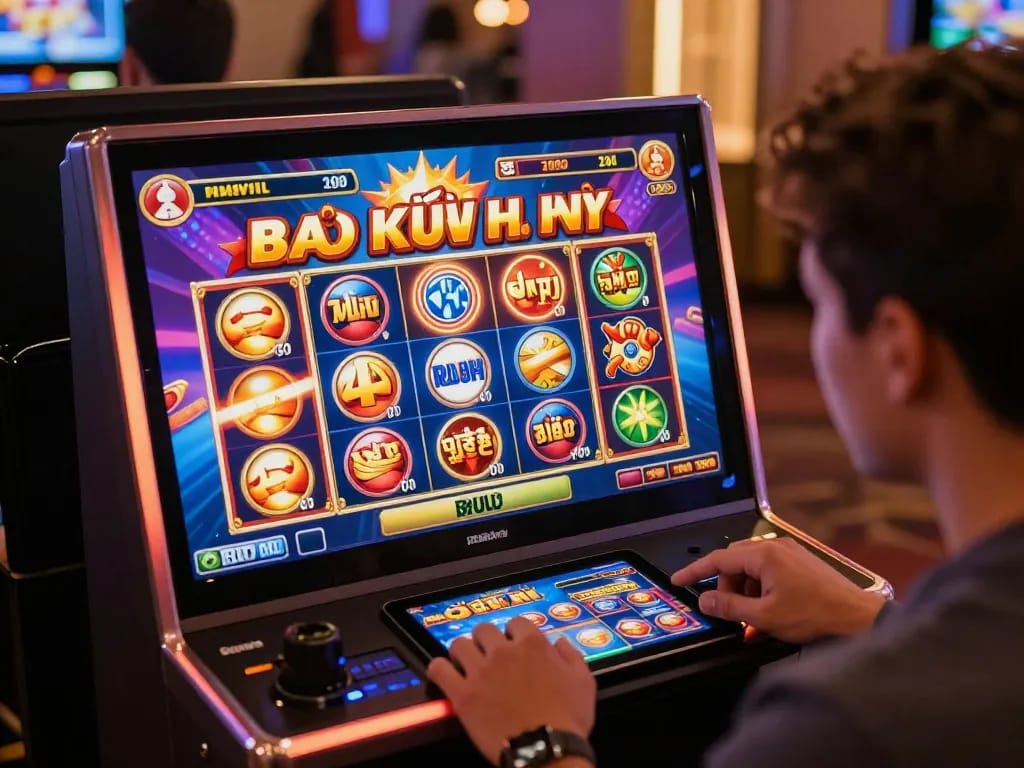 Engaging moment of players enjoying Game bài nổ hũ online, showcasing colorful slot animations and immersive interface.