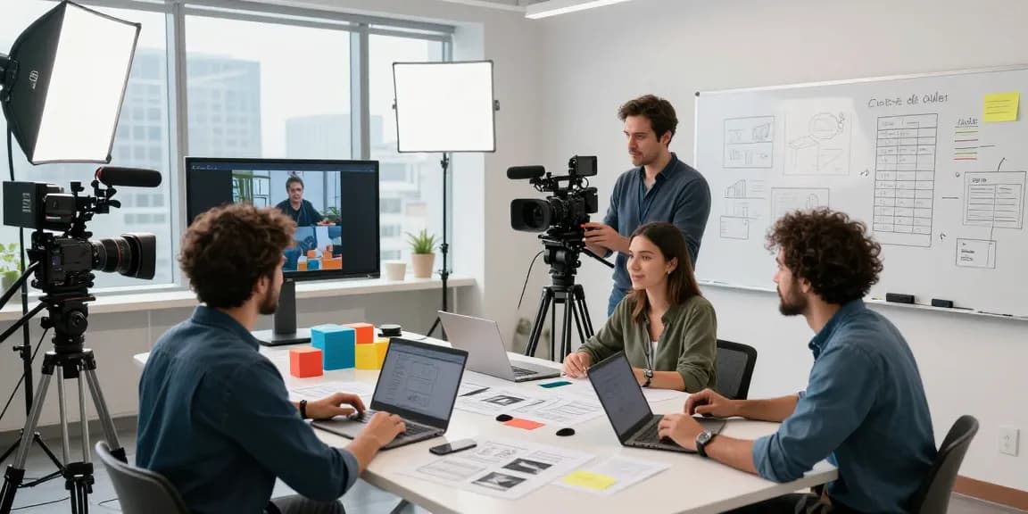 Singapore Corporate Video Production team strategizing in a modern studio setting