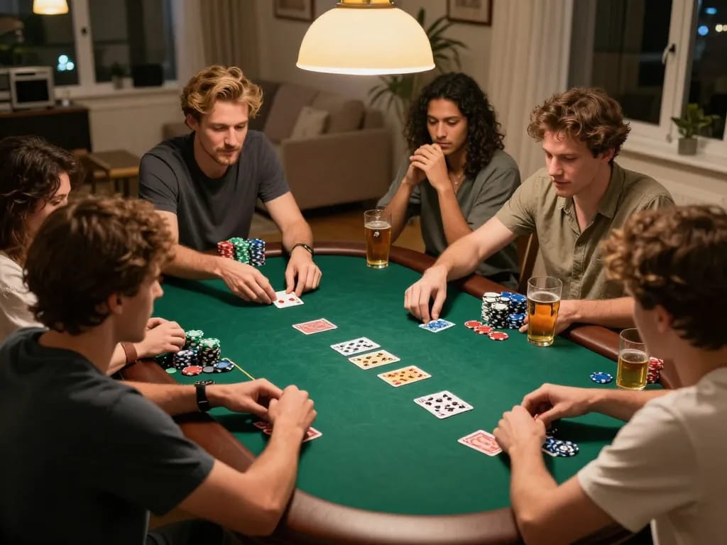 cloud-africa players strategizing in a friendly home poker night, engaging in tactical discussions.