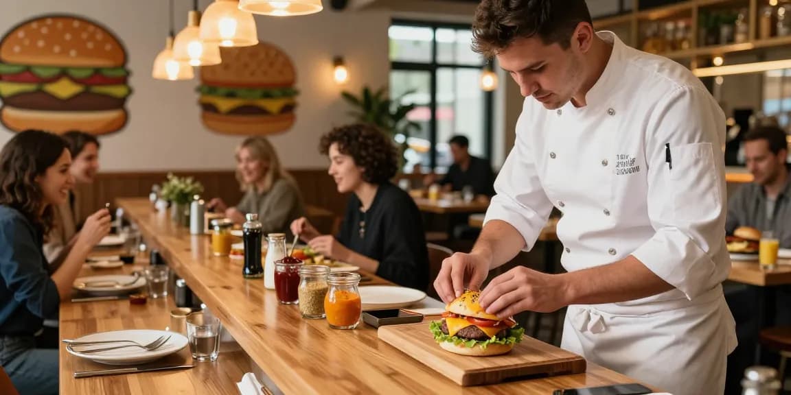 Fortune Tiger gourmet burger being expertly assembled in a vibrant restaurant