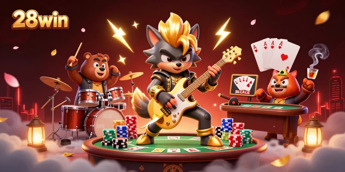 Experience 28win's thrilling gaming scene with a rock star wolf and energetic bear in a vibrant casino.