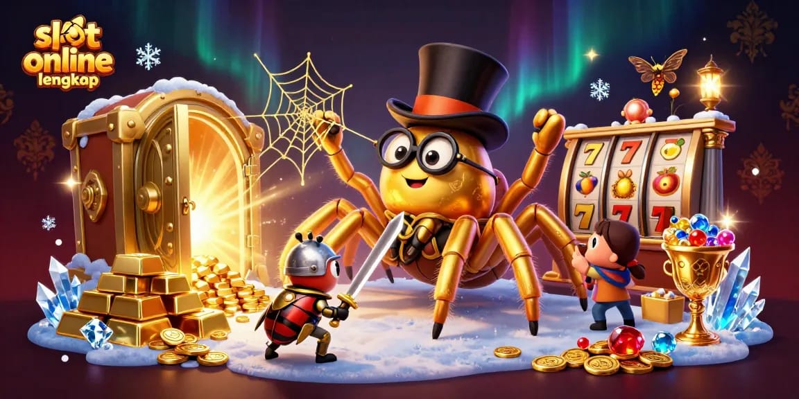 Immerse yourself in slot online lengkap's vibrant scene featuring a golden tarantula and beetle knight.