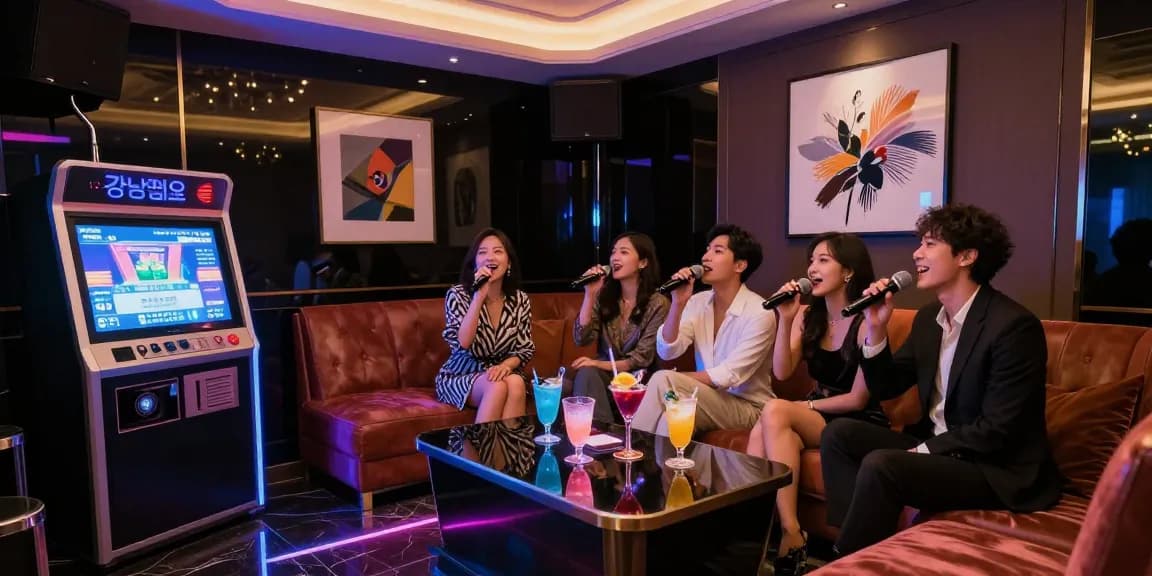 강남쩜오 화려한 노래방 분위기에서 친구들이 함께 노래를 부르는 모습