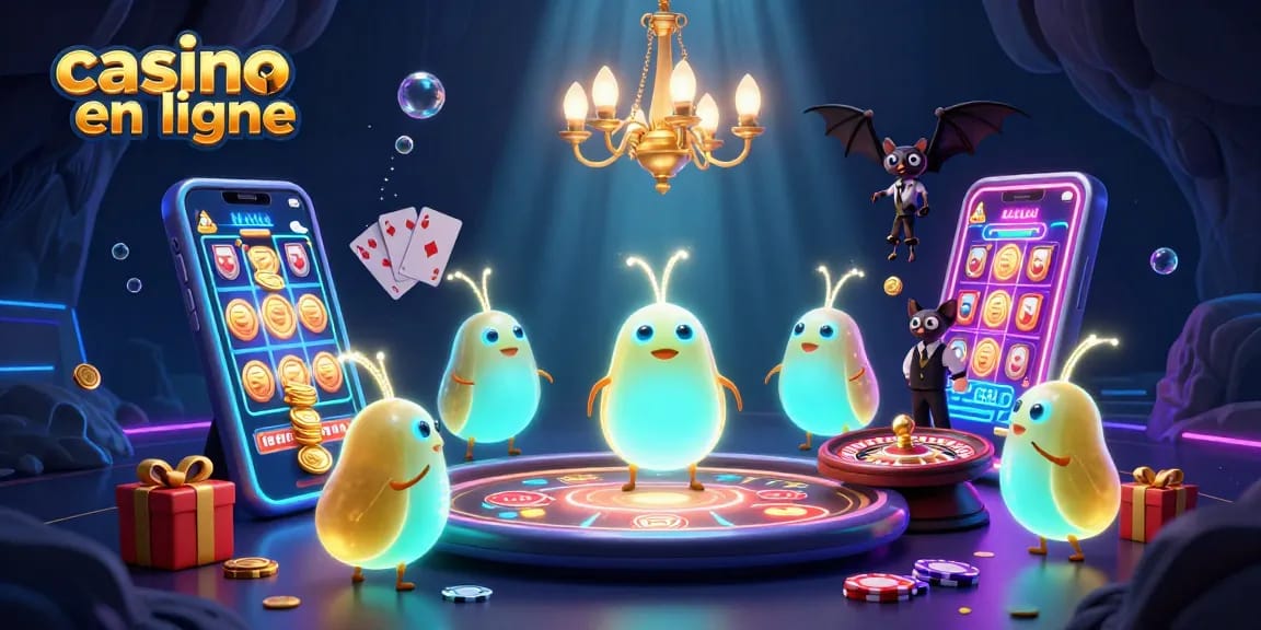 Les lumières bioluminescentes des vers illuminent le casino en ligne avec des jeux de cartes et des machines à sous.