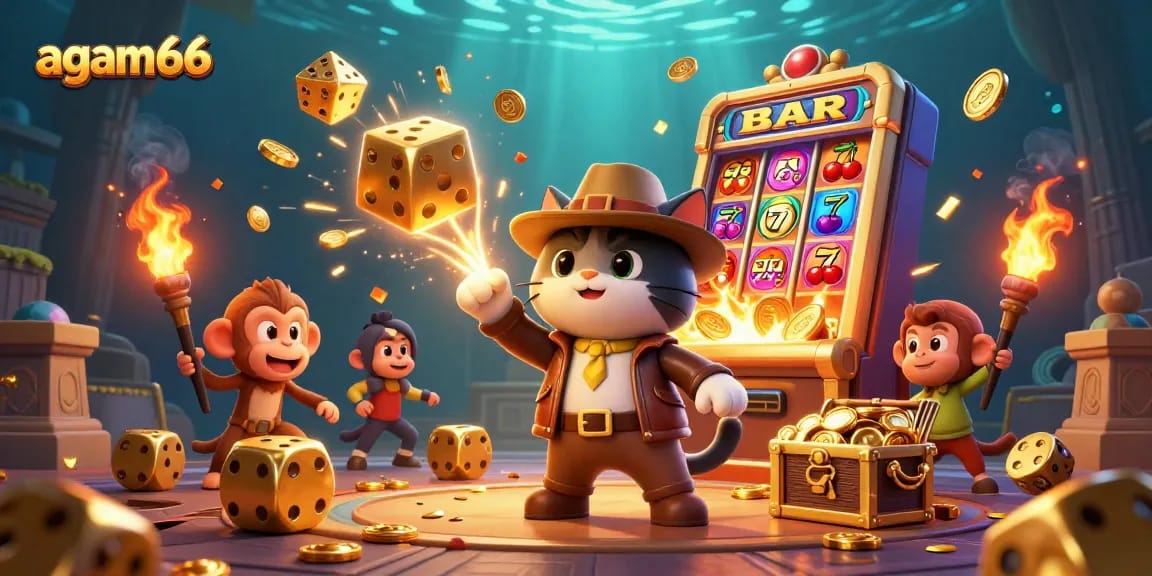 Experience gambling adventure with agam66 in a vibrant casino-themed 3D illustration featuring exciting artifacts.