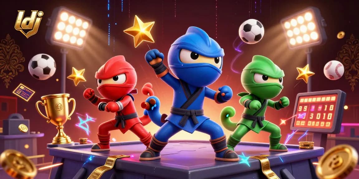 Experience dynamic gameplay with ldj showcasing 3D cartoon ninjas in a vibrant casino scene full of sports elements.