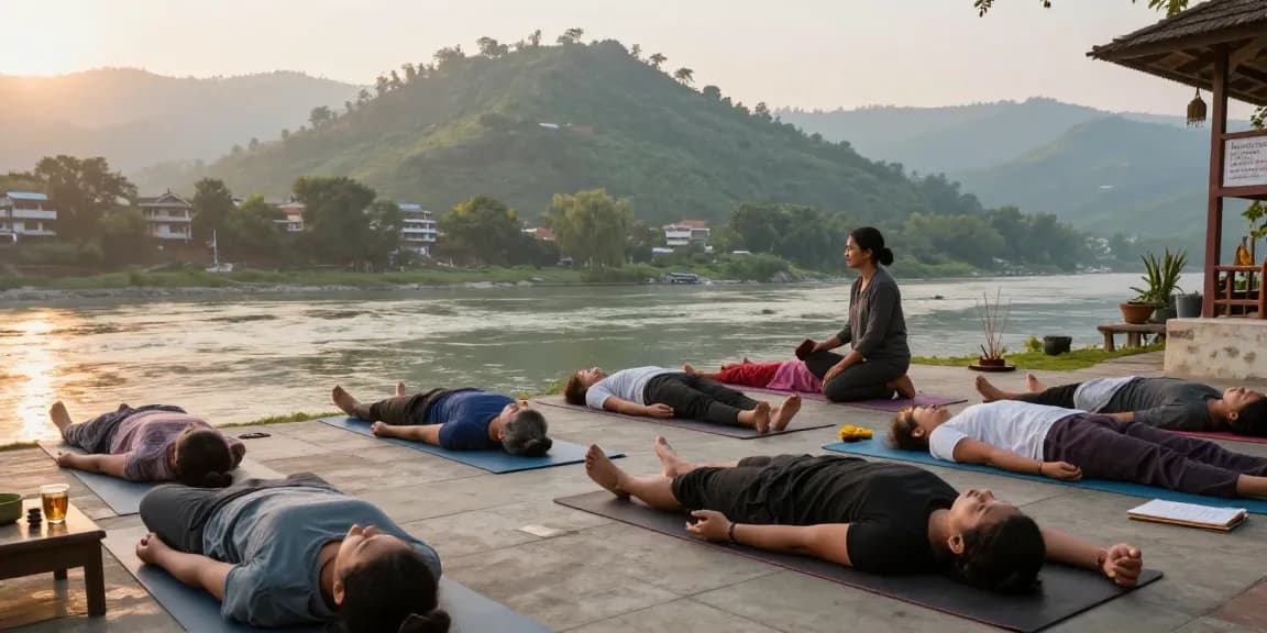 Best yoga teacher training in Rishikesh India with serene sunrise yoga practice by the Ganges, promoting tranquility and mindfulness.