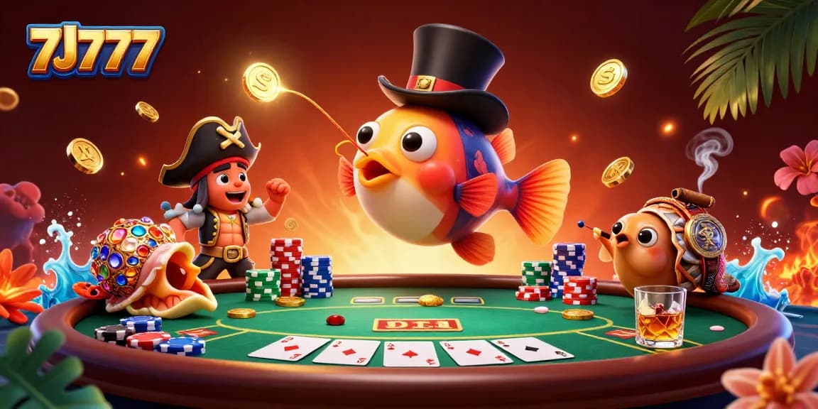 Attract golden coins with 7J777 in a lively cartoon casino scene filled with poker elements.