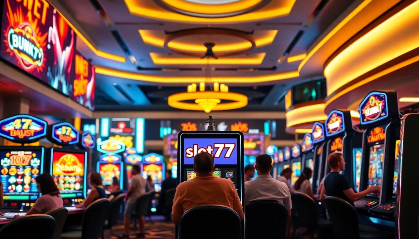 Bermain slot777 di mesin kasino yang cemerlang dan ramai, dengan nuansa energi yang menggembirakan.