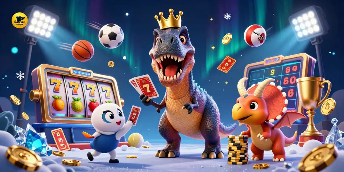 Contenu de casino en ligne avec un T-Rex jouant aux cartes et un triceratops empilant des jetons d'or.