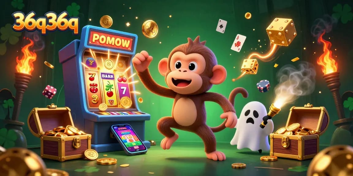 Experience thrilling 36q36q gameplay with a vibrant illustration featuring a ghost-hunter puppy and poltergeist monkey.