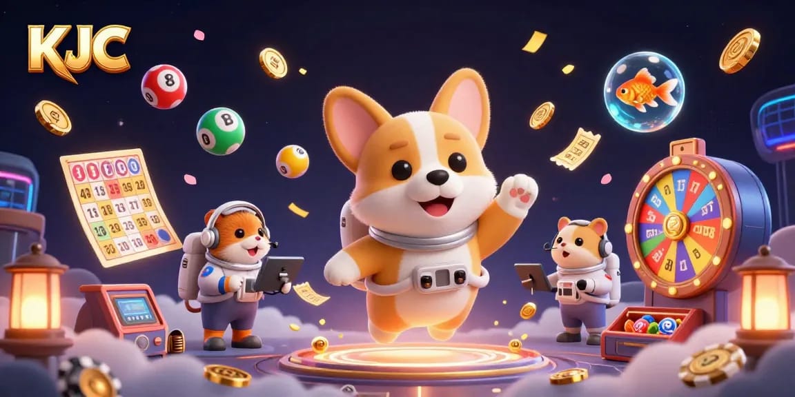 KJC showcases a vibrant scene with a floating corgi in a space casino, amidst colorful lottery elements.