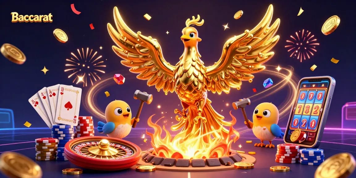 Baccarat gameplay featuring a dynamic 3D golden phoenix and casino elements like playing cards and chips.