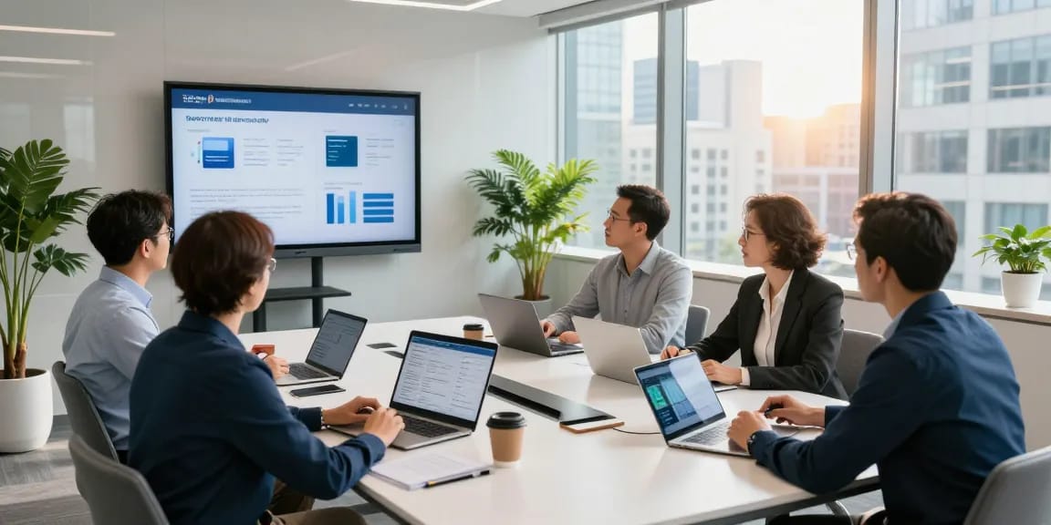 Collaboration in a modern office showcasing cibc digital business solutions, highlighting teamwork and technology.
