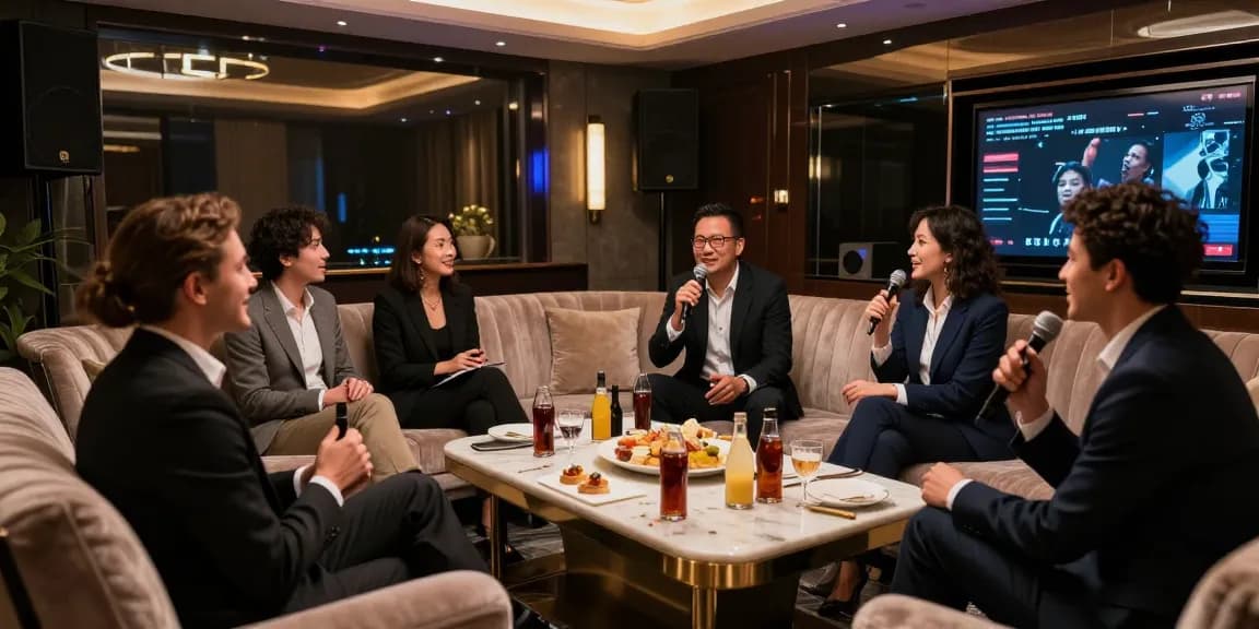 강남가라오케 고급스러운 프라이빗 룸에서 비즈니스 미팅을 즐기는 모습, 분위기 있는 조명과 고급 음료.