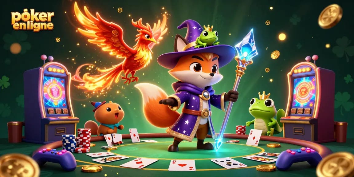 Jouer au poker en ligne avec un magicien, un phénix et une grenouille enchantée dans un environnement animé.