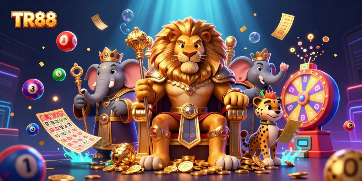 Engage with TR88: 3D cartoon lion king and advisors amid a vibrant casino scene with lottery elements.