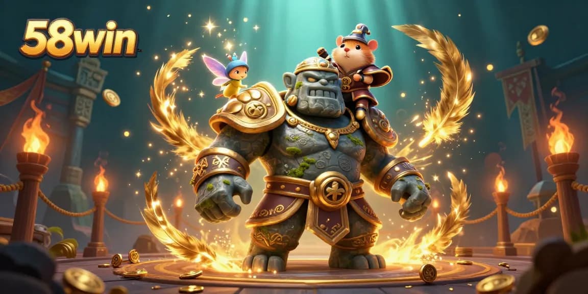 Engage in 58win's thrilling adventures with a dynamic casino scene featuring an ancient golem and magical elements.