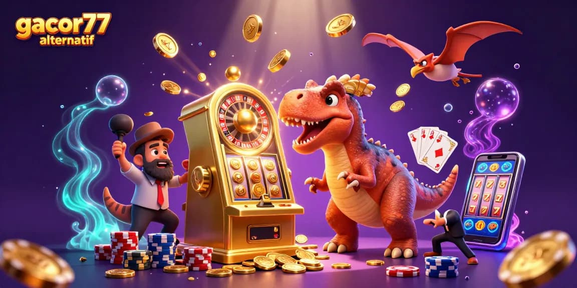 Gacor77 alternatif dalam ilustrasi 3D menampilkan dinosaurus beraksi di kasino mengeruk jackpot.