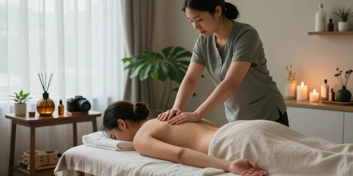 당진마사지에서 편안한 마사지를 받는 모습과 아로마 오일과 편안한 분위기
