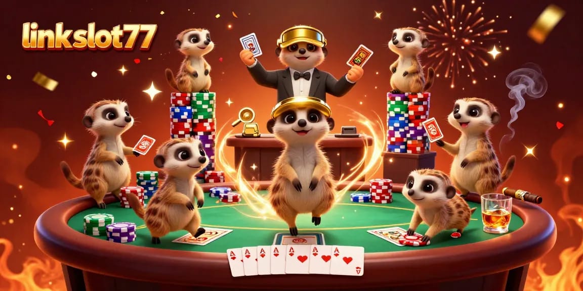 Engage in gaming action with link slot77 as meerkats manage a vibrant casino scene.