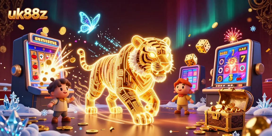 Experience top uk88z slot games with neon tigers and golden jackpots in a vibrant digital casino.