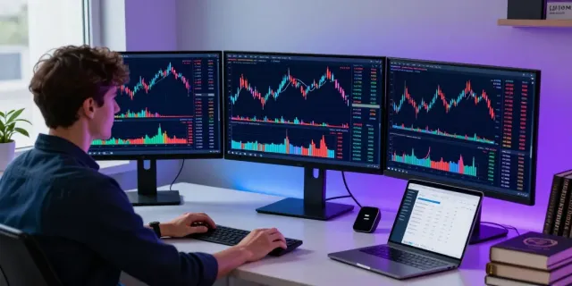 HK stock market data feed displayed on multiple monitors in a modern trading setup, blending crypto and finance.