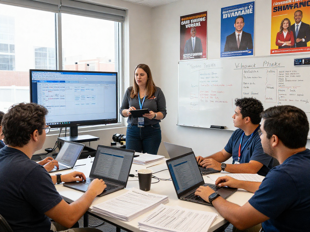 Engaged team strategizing political SMS marketing using voter data in a campaign office.