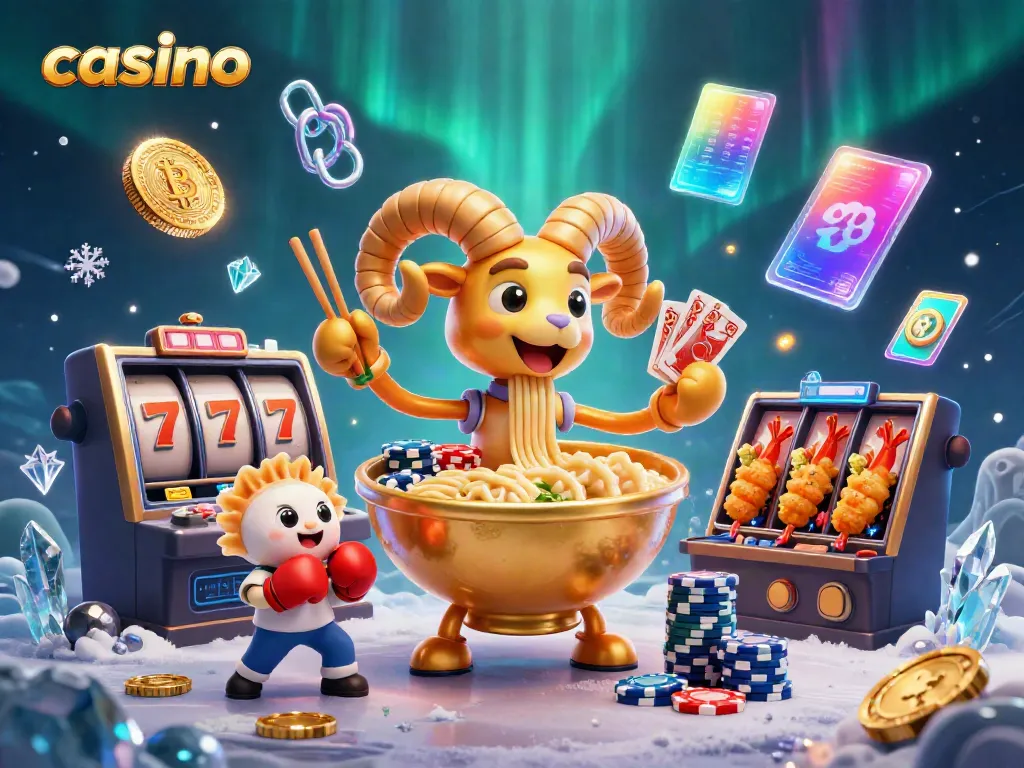 Experience exciting casino action with a 3D ramen bowl character dealing cards and stacking chips.