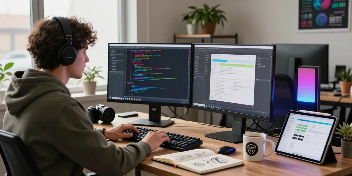 A productive workspace highlighting Snipaste官网 features with a developer coding on dual monitors and creative tools.