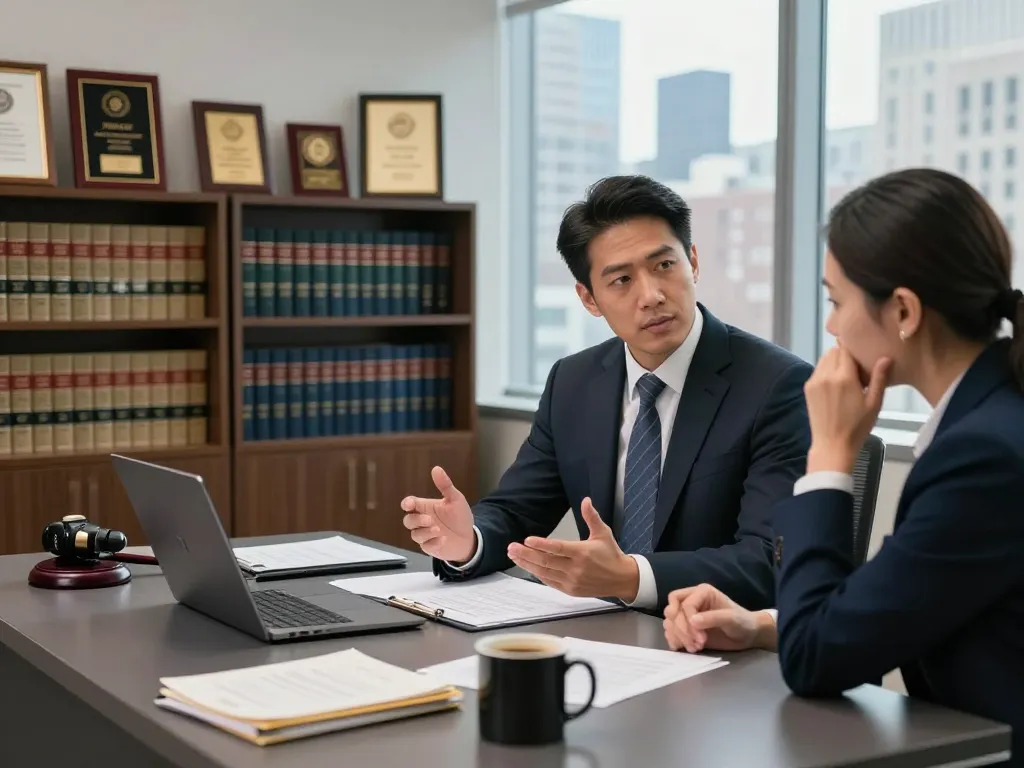 New York City Personal Injury Lawyer consulting with a client in a professional office setting.