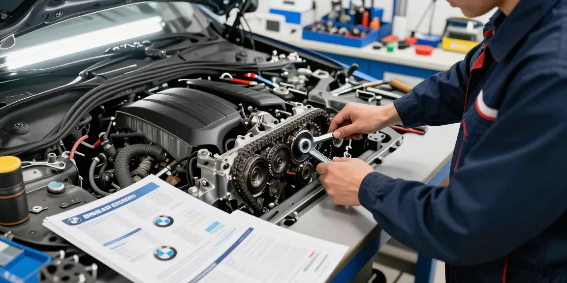 Mechaniker bei der Überprüfung der BMW Steuerkette in der Werkstatt in Hannover.