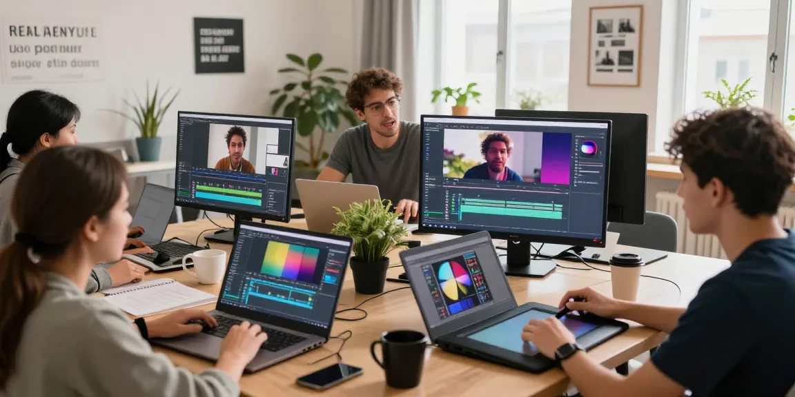After Effects and color grading workshop scene with students engaged in online video editing training.