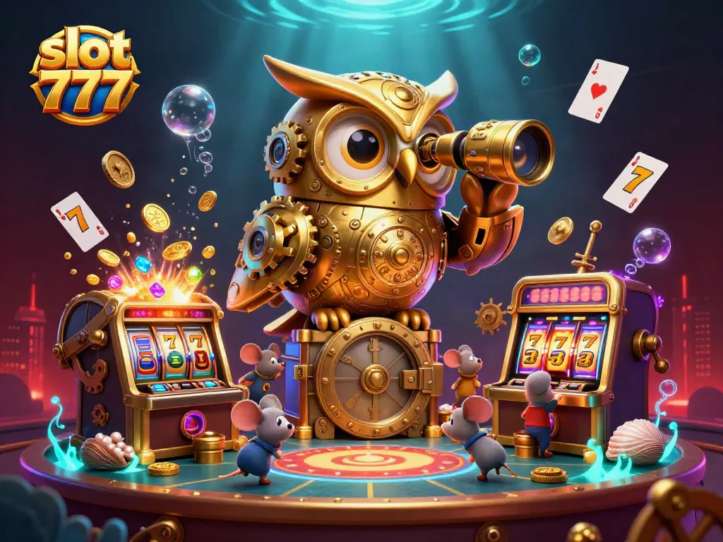 Slot 777 menampilkan slot yang memikat dengan pemandangan kasino yang ramai dan elemen menarik di sekitarnya.