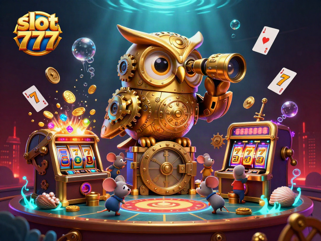Slot 777 menampilkan slot yang memikat dengan pemandangan kasino yang ramai dan elemen menarik di sekitarnya.