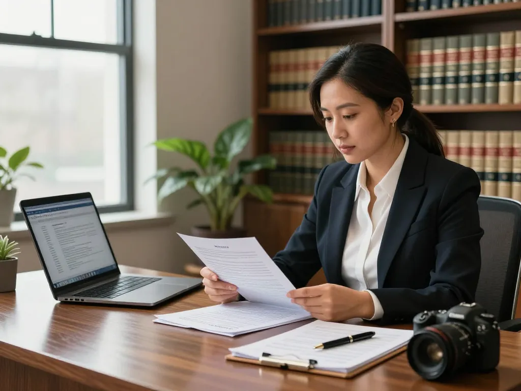 Columbia divorce lawyer reviewing legal documents at law office desk.