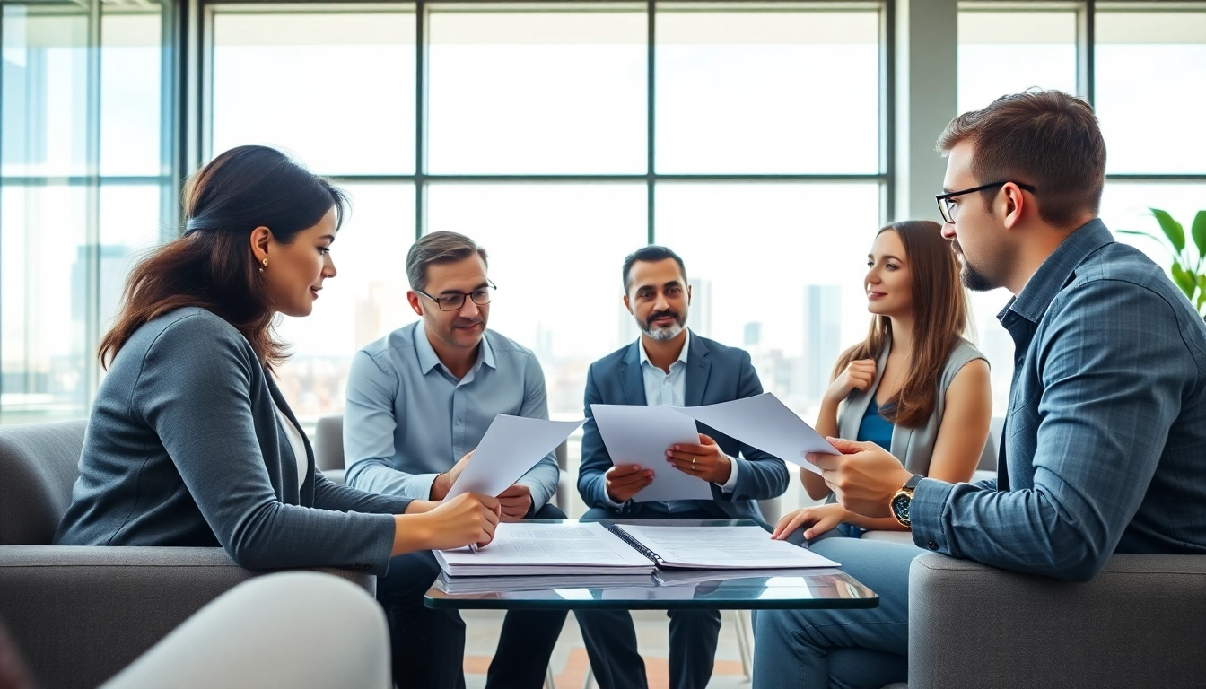 Consultant analyzing contracts and grants with a diverse team in a bright office setting.