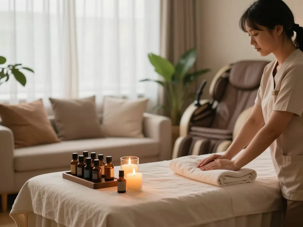 Relaxing 출장안마 therapy space featuring massage table, aromatherapy oils, and soft lighting.