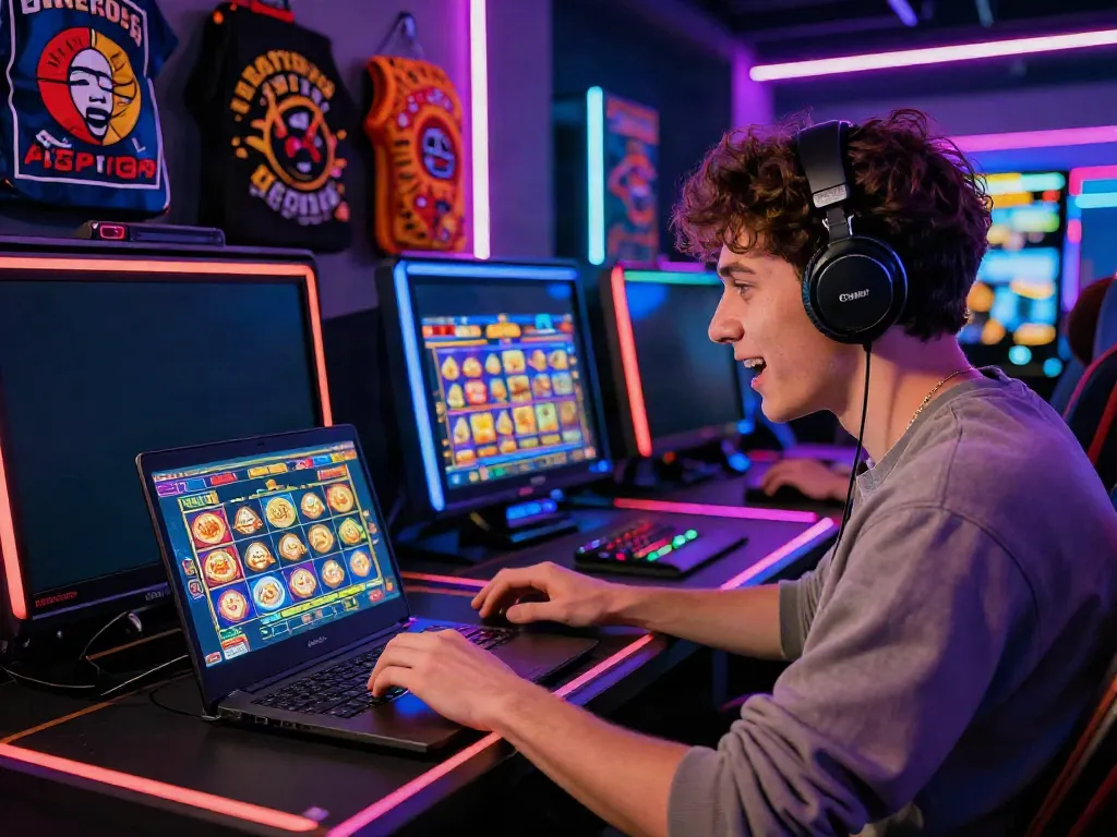 Player engaging with exciting slot games on a laptop in a vibrant gaming setup.