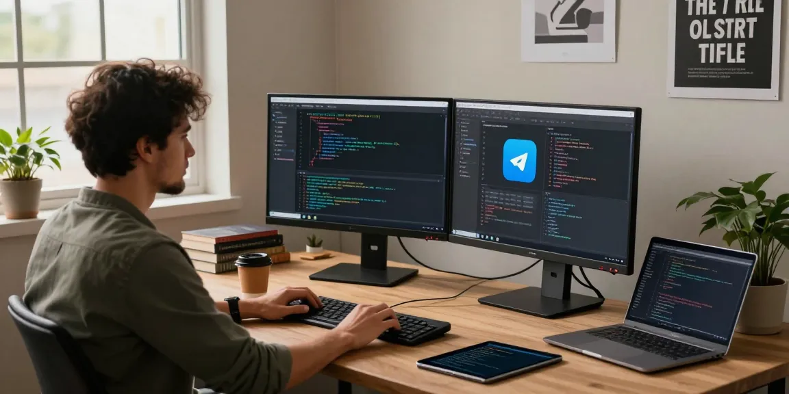 Engaged developer coding Telegram app features in a modern office, showcasing 纸飞机中文版 at dual monitors.
