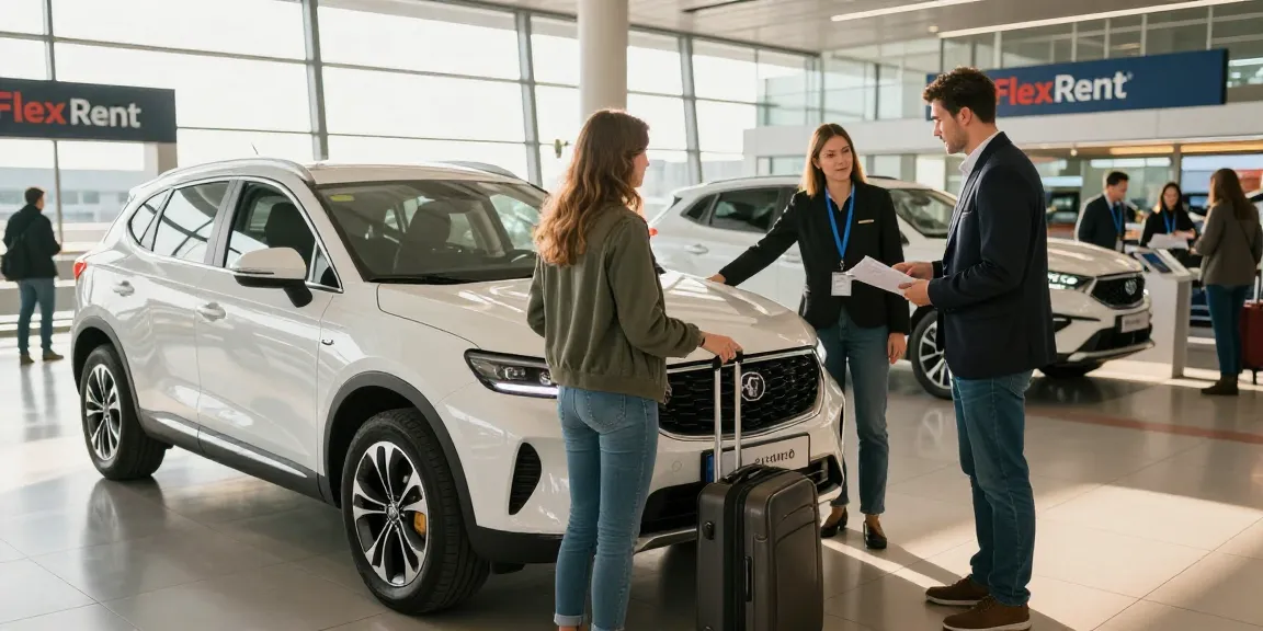 Customer at FlexRent car rental in Chișinău International Airport, friendly staff assisting with clean SUV rental, showcasing travel convenience.