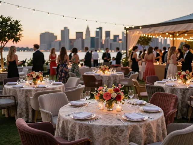 Event furniture rental setup at an outdoor gala with elegant tables and chic seating.