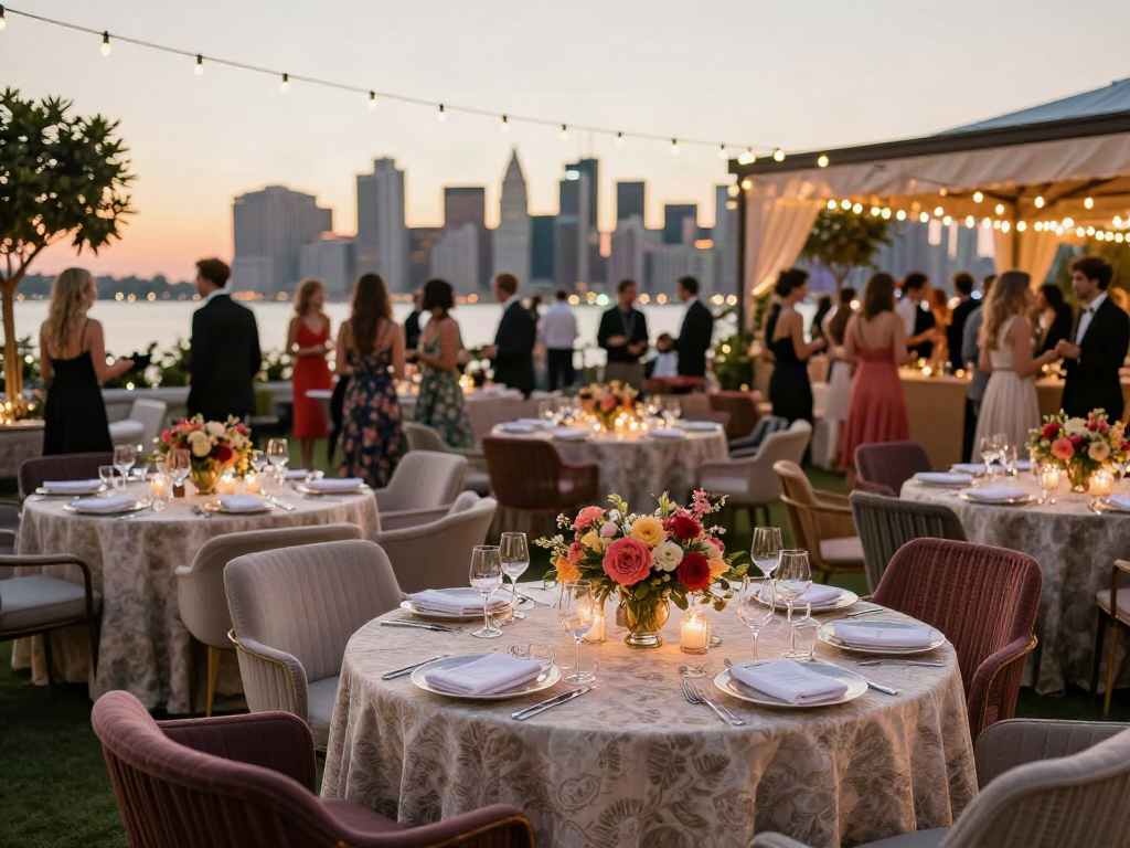 Event furniture rental setup at an outdoor gala with elegant tables and chic seating.