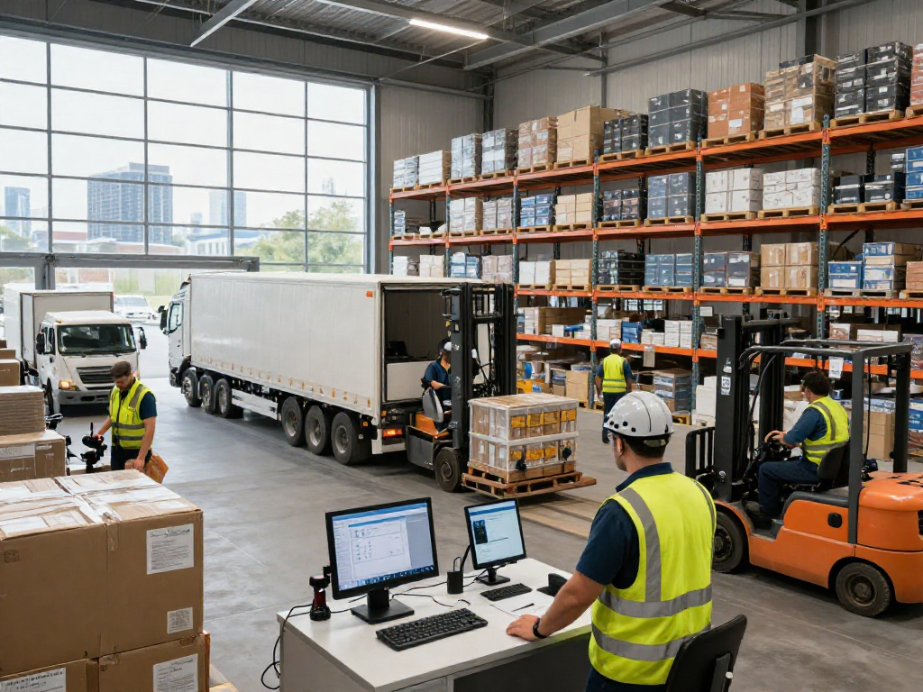 Lagerlogistik Dortmund: Dynamische Logistikszene in modernem Lager mit effizienten Profis.