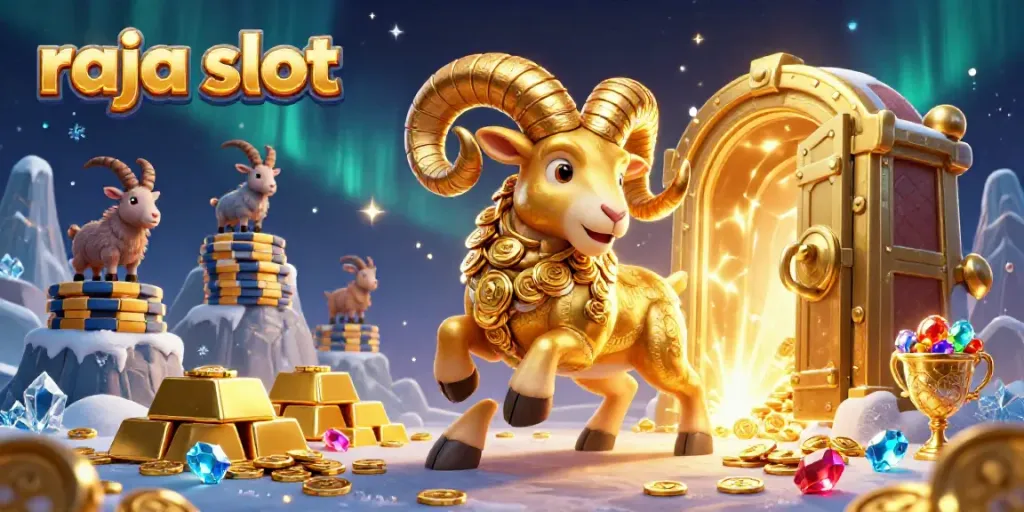 Raja slot memikat dengan ilustrasi 3D yang kaya detail, menampilkan ram emas dan elemen kasino yang mengesankan.